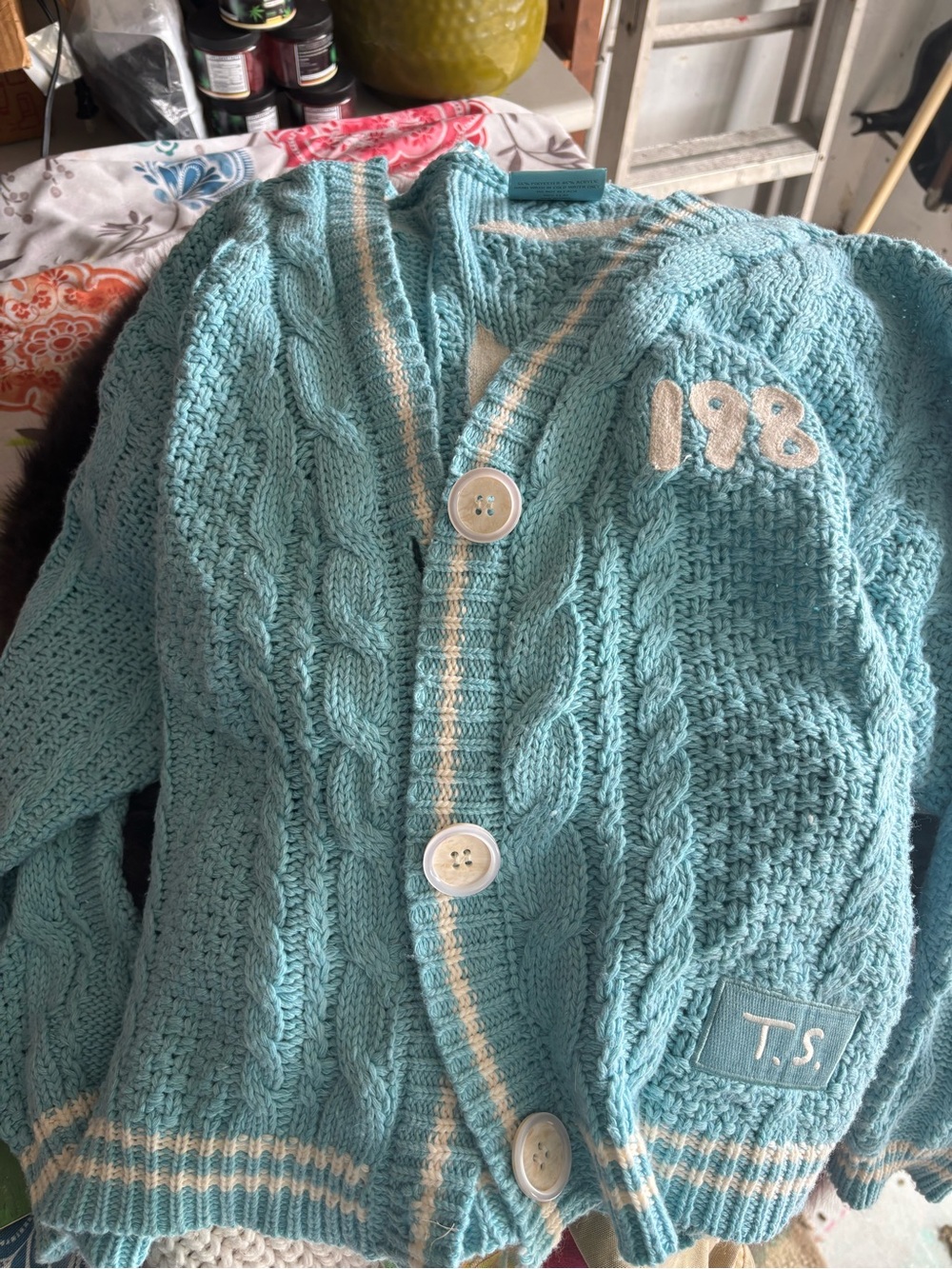 Taylor Swift 1989 Light Aqua Cable Knit Cardigan with Contrast Trim XS/S